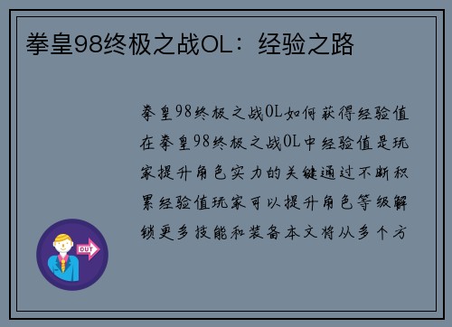 拳皇98终极之战OL：经验之路